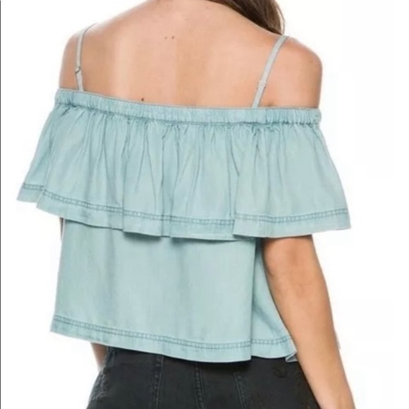 Free People | Chambray Off Shoulder Top Blue Layered Cropped Size M - Picture 2 of 7